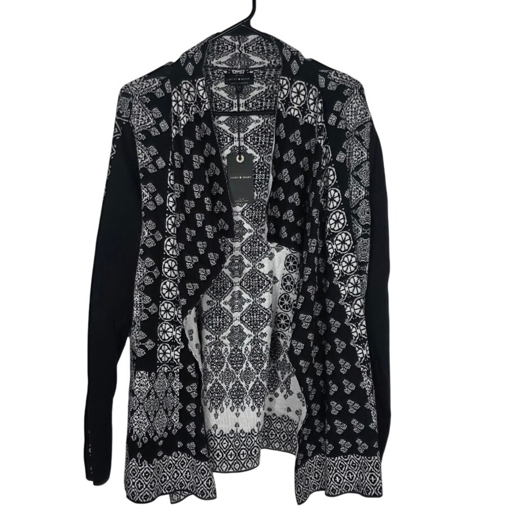 Lucky Brand Black White Geometric Sz‎ M  Artsy Open Front Cardigan Sweater